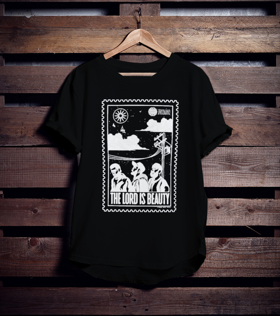 The Lord Is Beauty Three Figures Under Night Sky Clouds Birds Sun And Powerlines T-Shirt