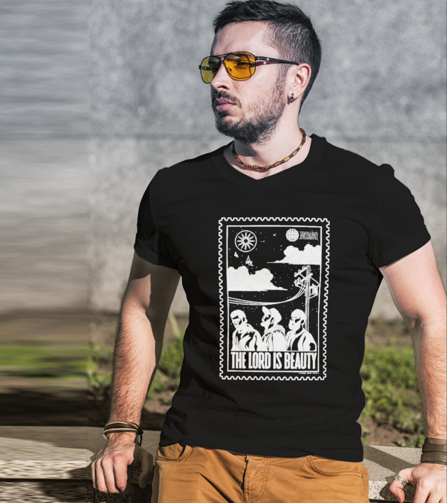 The Lord Is Beauty Three Figures Under Night Sky Clouds Birds Sun And Powerlines T-Shirt