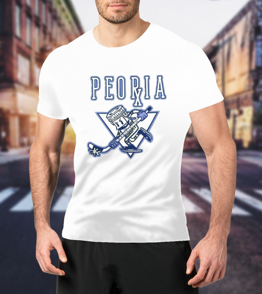 Peoria Hockey Mascot Penicillin Character With Syringe And Hockey Stick T-Shirt