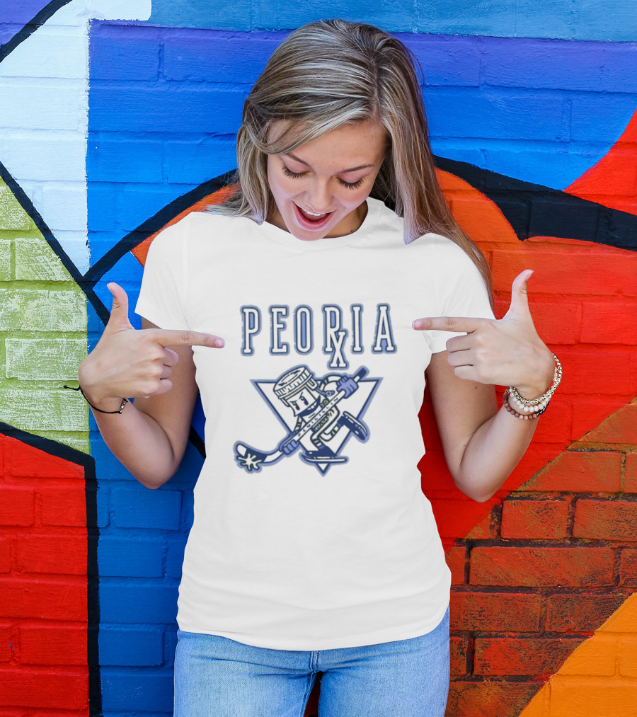 Peoria Hockey Mascot Penicillin Character With Syringe And Hockey Stick T-Shirt