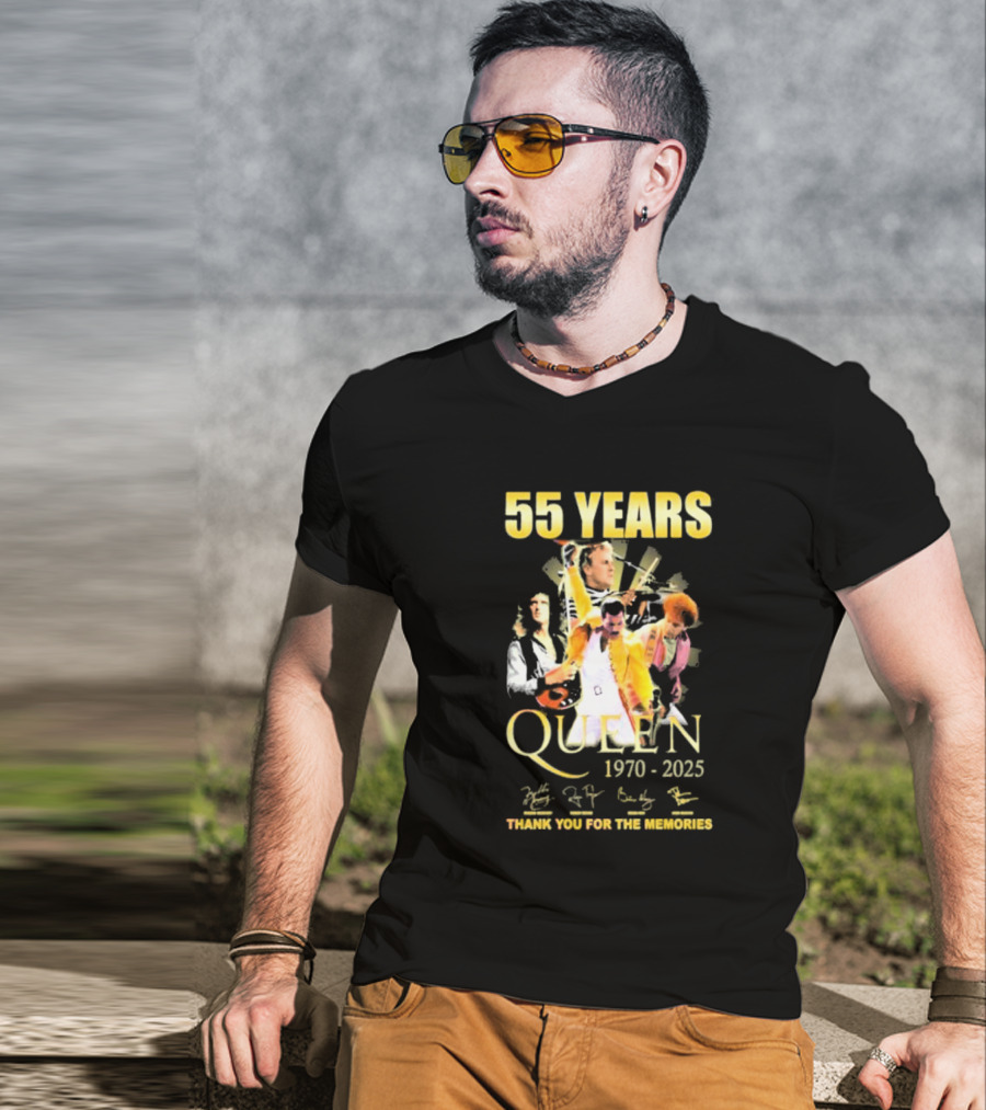 55 Years Queen 1970-2025 Thank You For The Memories Signatures Band Collage T-Shirt