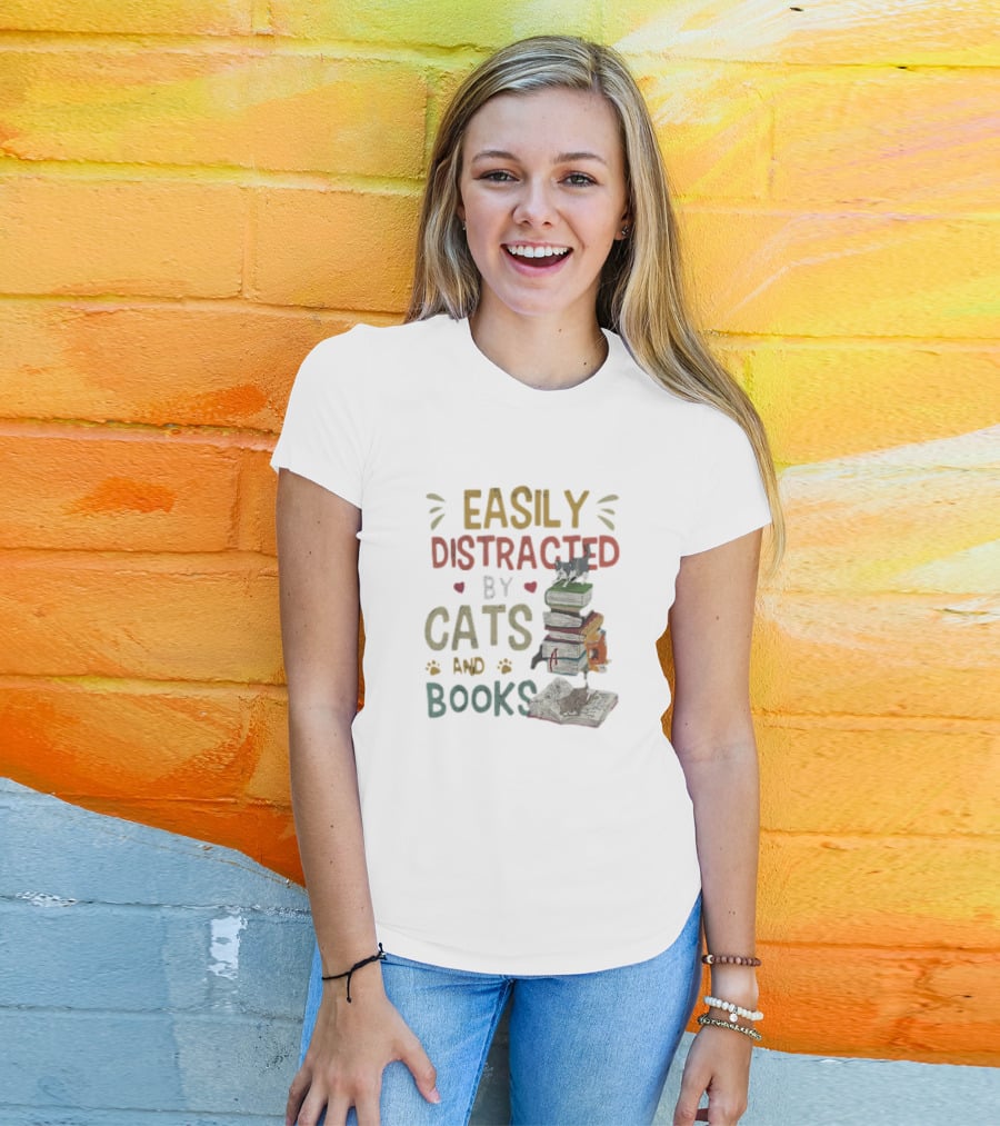 Easily Distracted By Cats And Books Stack Cats 365 Book Lover T-Shirt