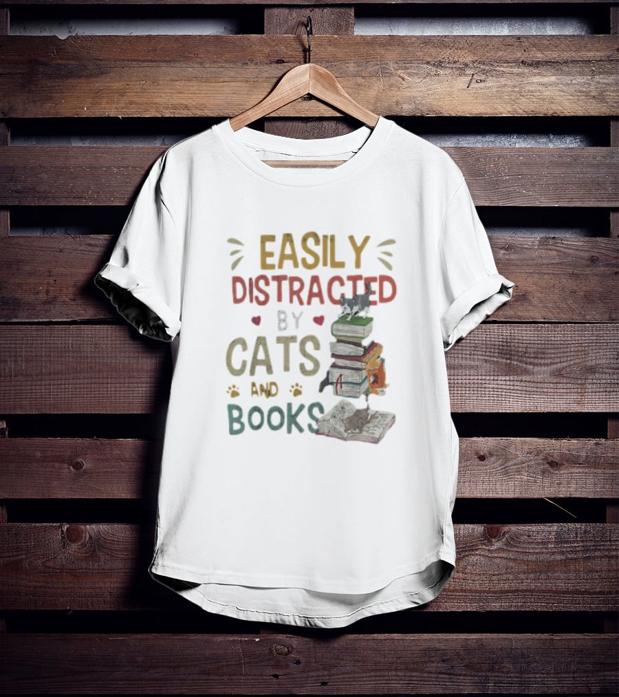 Easily Distracted By Cats And Books Stack Cats 365 Book Lover T-Shirt