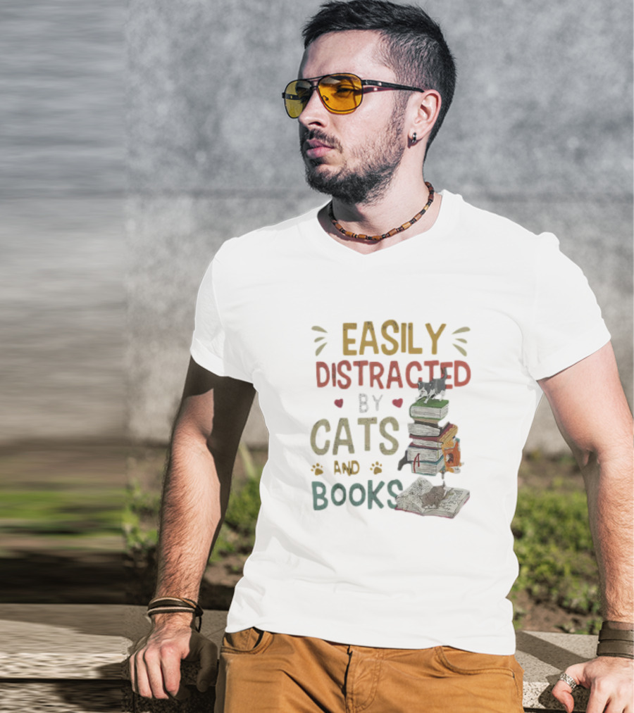 Easily Distracted By Cats And Books Stack Cats 365 Book Lover T-Shirt