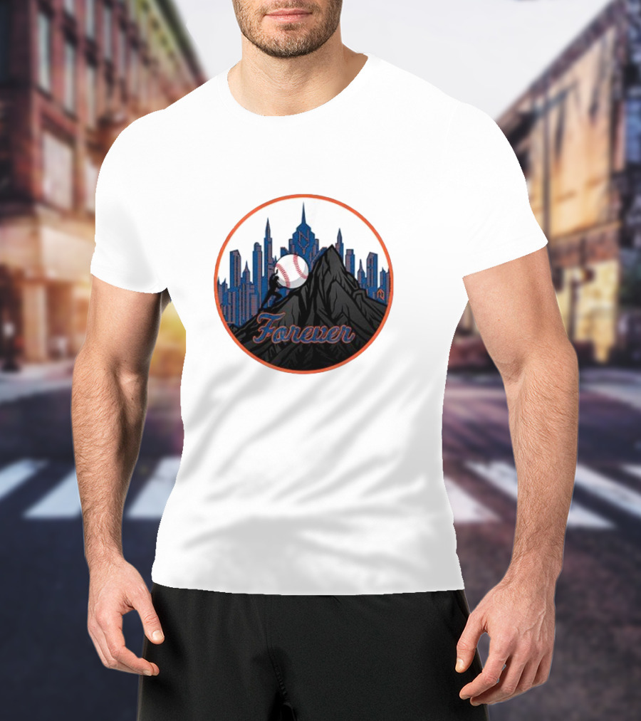 New York Met Fan Forever Skyline Baseball Statue T-Shirt