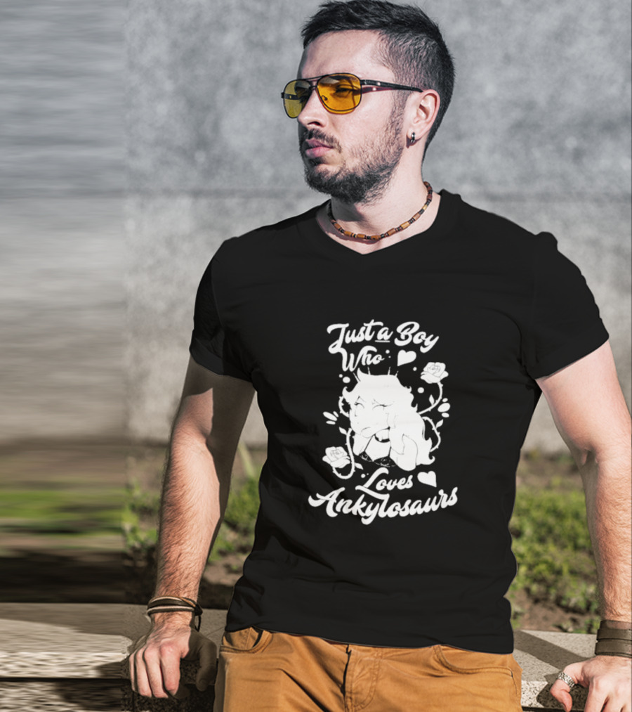 Just A Boy Who Loves Ankylosaurs With Cartoon Character And Flowers T-Shirt