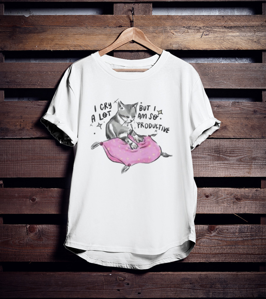 I Cry A Lot But I Am So Productive Funny Cat With Pink Blanket T-Shirt