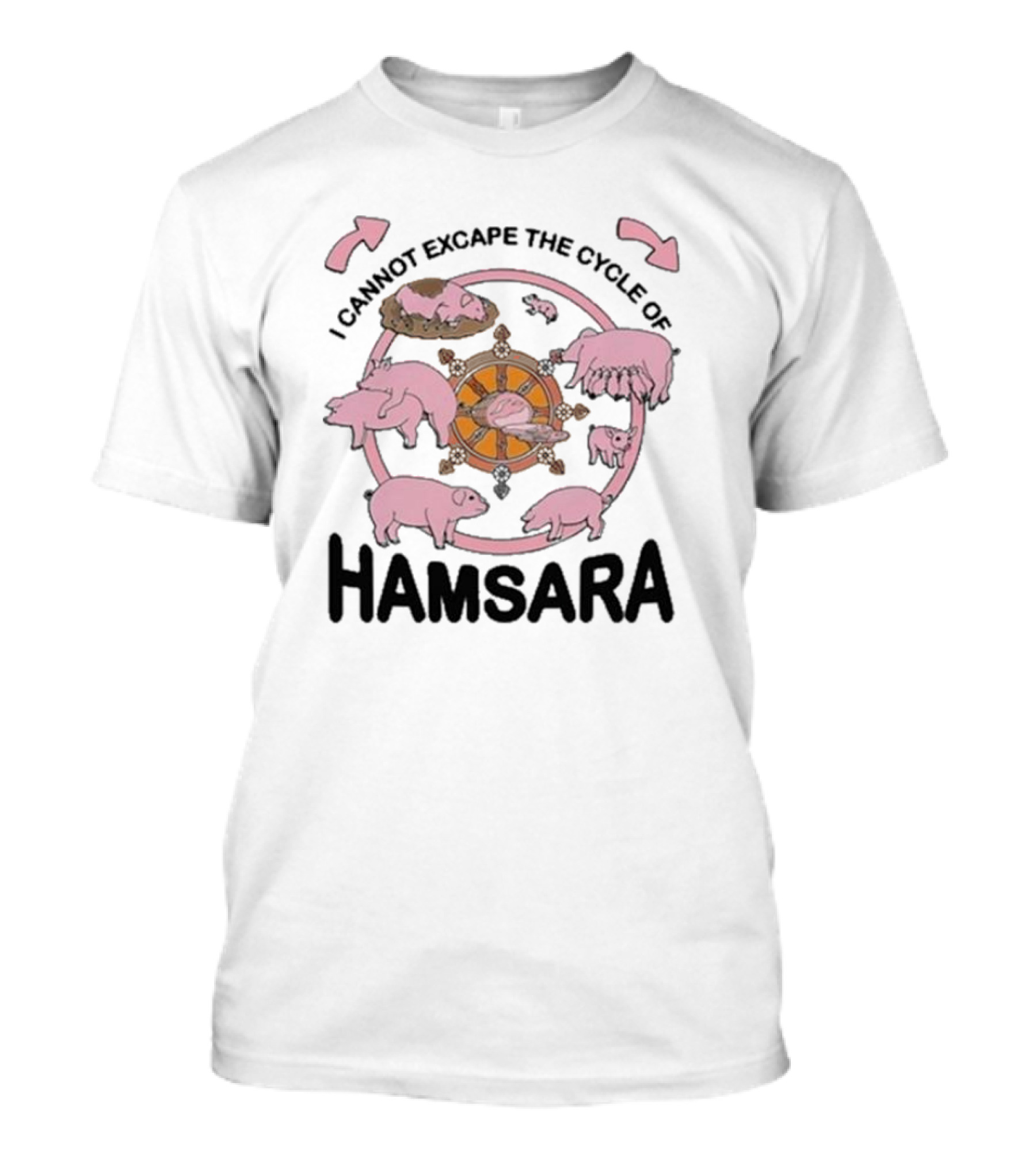 Cycle Of Samsara With Pink Pigs And Spinning Wheel T-Shirt