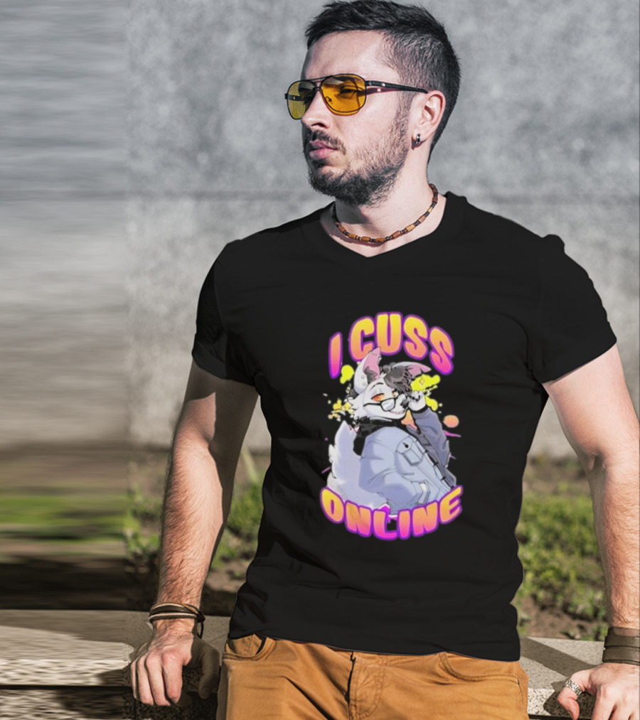 I Cuss Online By Hell Grip Wolf Cartoon Character With Jacket And Sunglasses T-Shirt