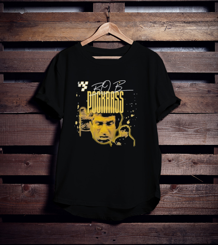BOB POCKRASS Racing Icon Yellow Portrait Checkerboard Background T-Shirt