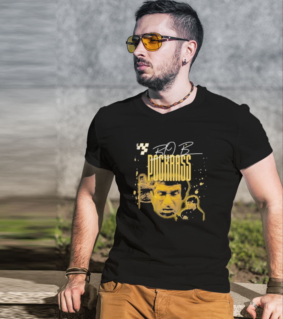 BOB POCKRASS Racing Icon Yellow Portrait Checkerboard Background T-Shirt