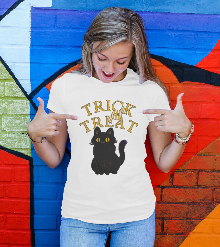 Trick Or Treat Candy Black Cat Halloween T-Shirt