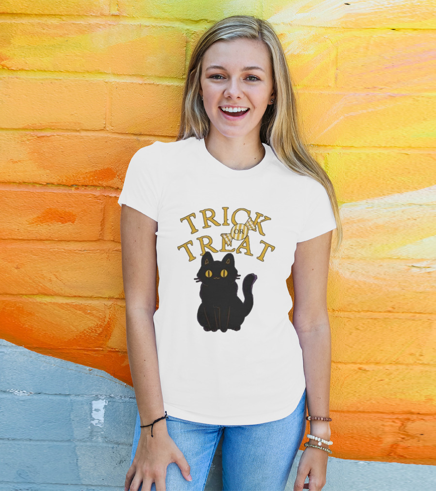 Trick Or Treat Candy Black Cat Halloween T-Shirt