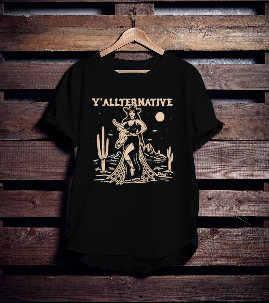 Y'allternative Cowgirl Desert Night Scene With Cacti And Mountains T-Shirt