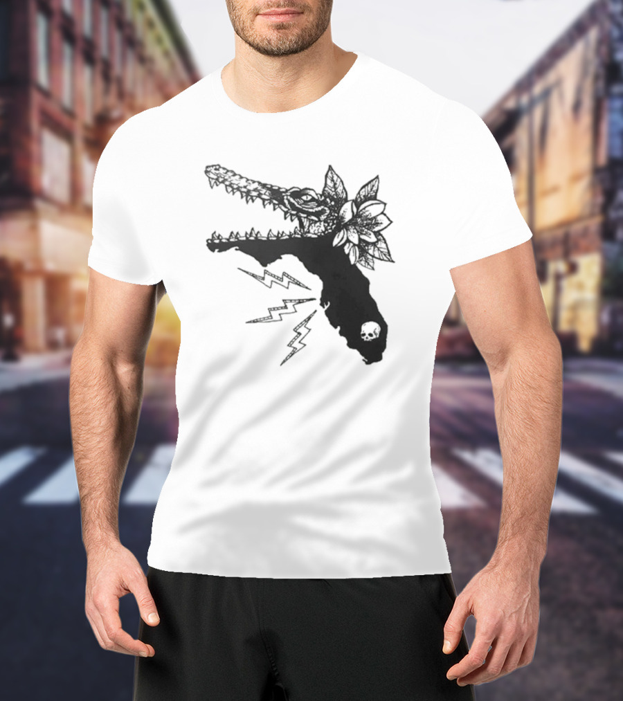 Florida Will Eat You - Alligator Skull Lightning Magnolia Map T-Shirt