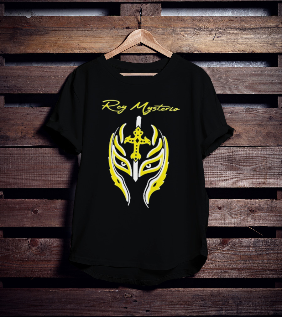 Rey Mysterio Cross Mask Icon With Yellow And White Accents T-Shirt