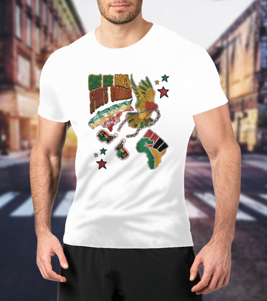 Chains Were Broken Spirits Soared Rasta Colors Fist Bird Stars T-Shirt