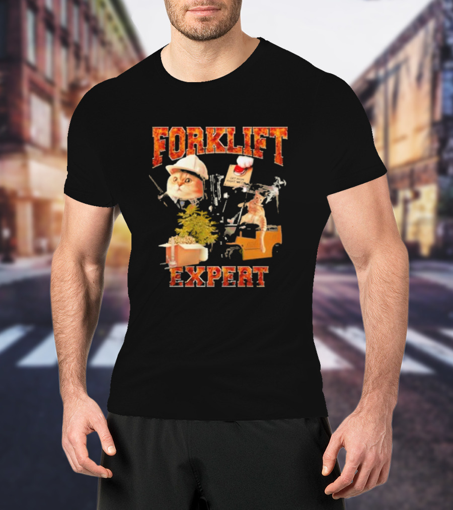 Forklift Expert Cat Hard Hat Red Button Plant Box Image T-Shirt