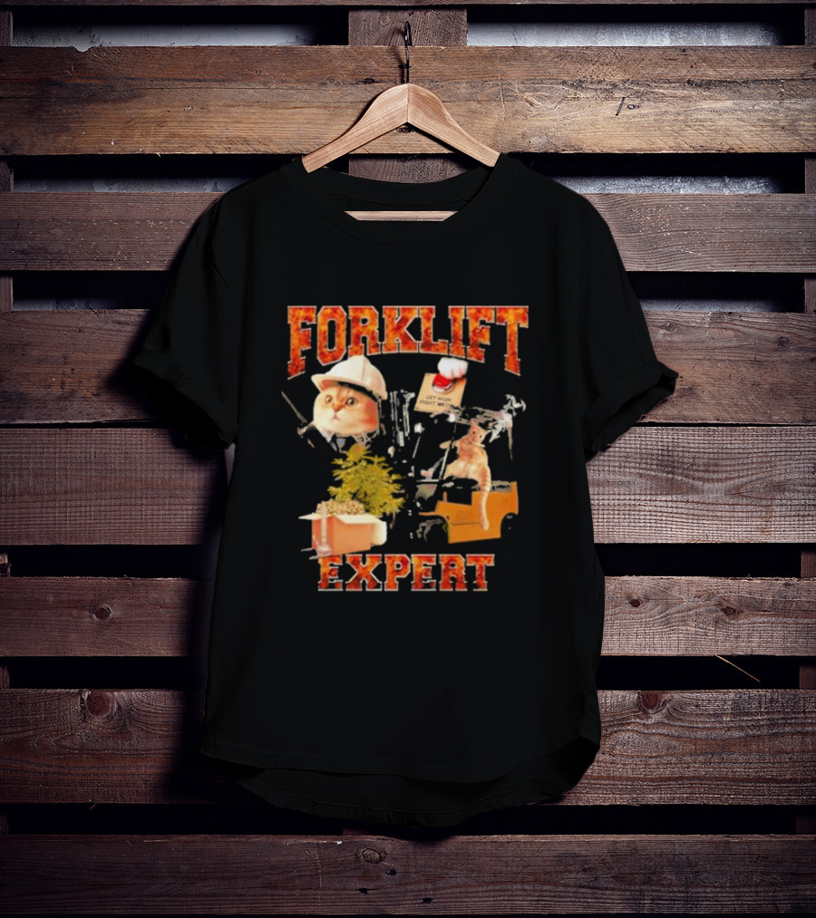 Forklift Expert Cat Hard Hat Red Button Plant Box Image T-Shirt