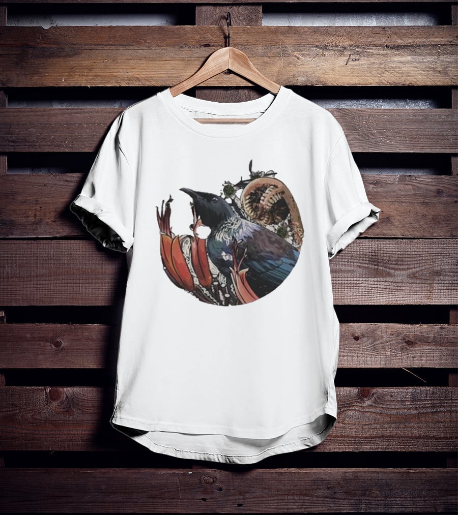 Tui’s Floral Harmony New Zealand Bird And Fern Motif T-Shirt