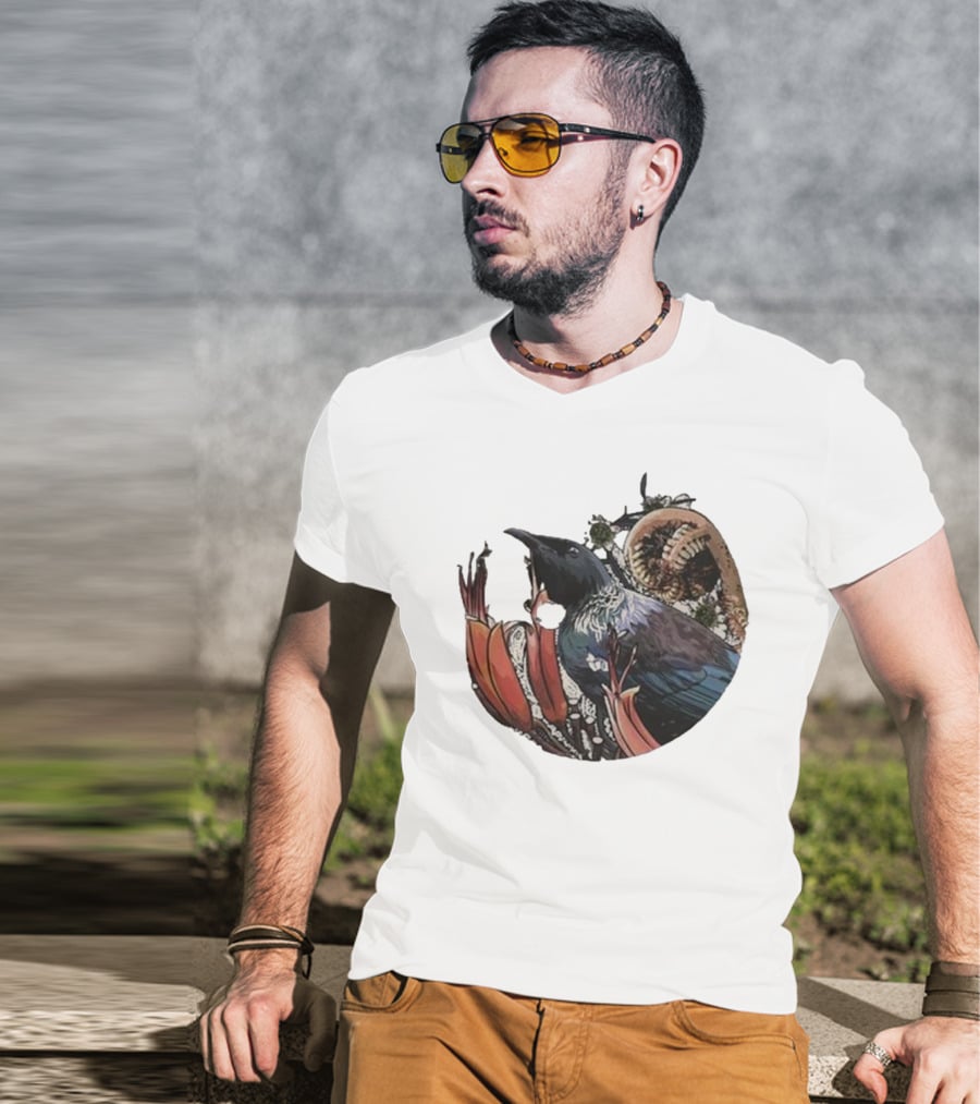 Tui’s Floral Harmony New Zealand Bird And Fern Motif T-Shirt