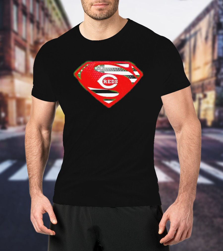 Cincinnati Reds Superman Shield USA Flag T-Shirt