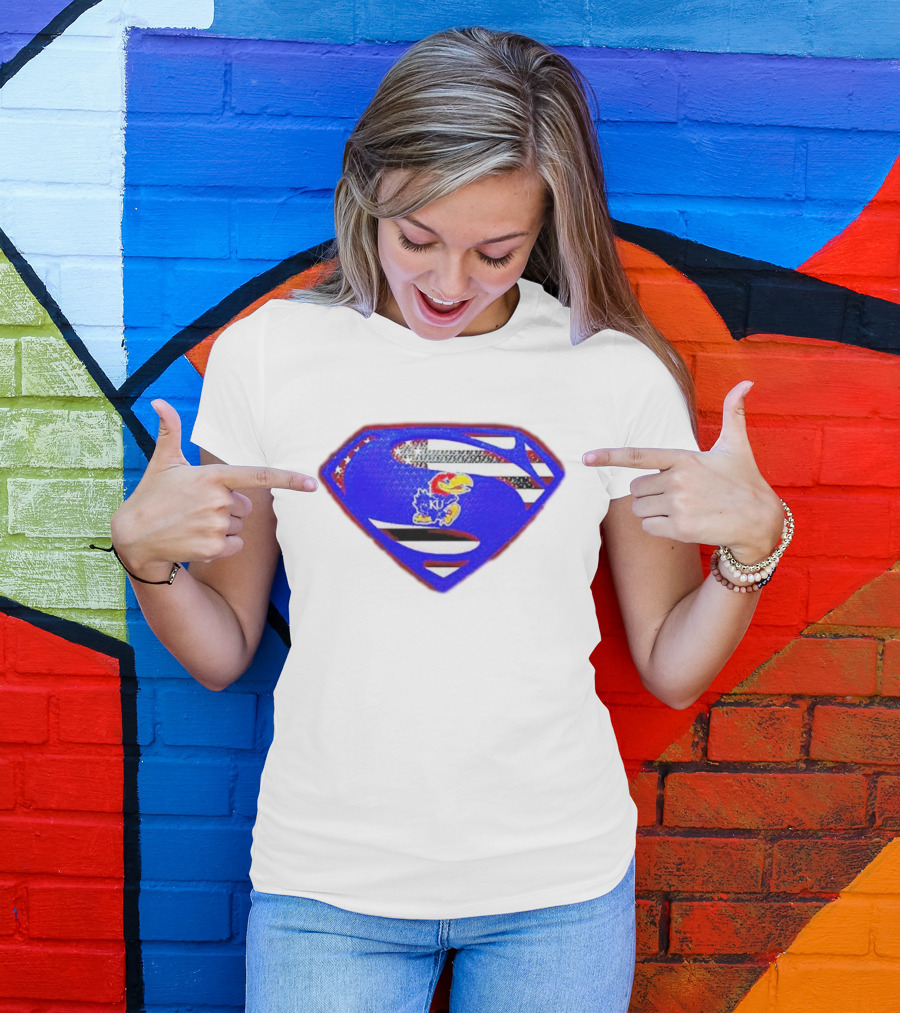 Kansas Jayhawks Superman Logo With USA Flag T-Shirt