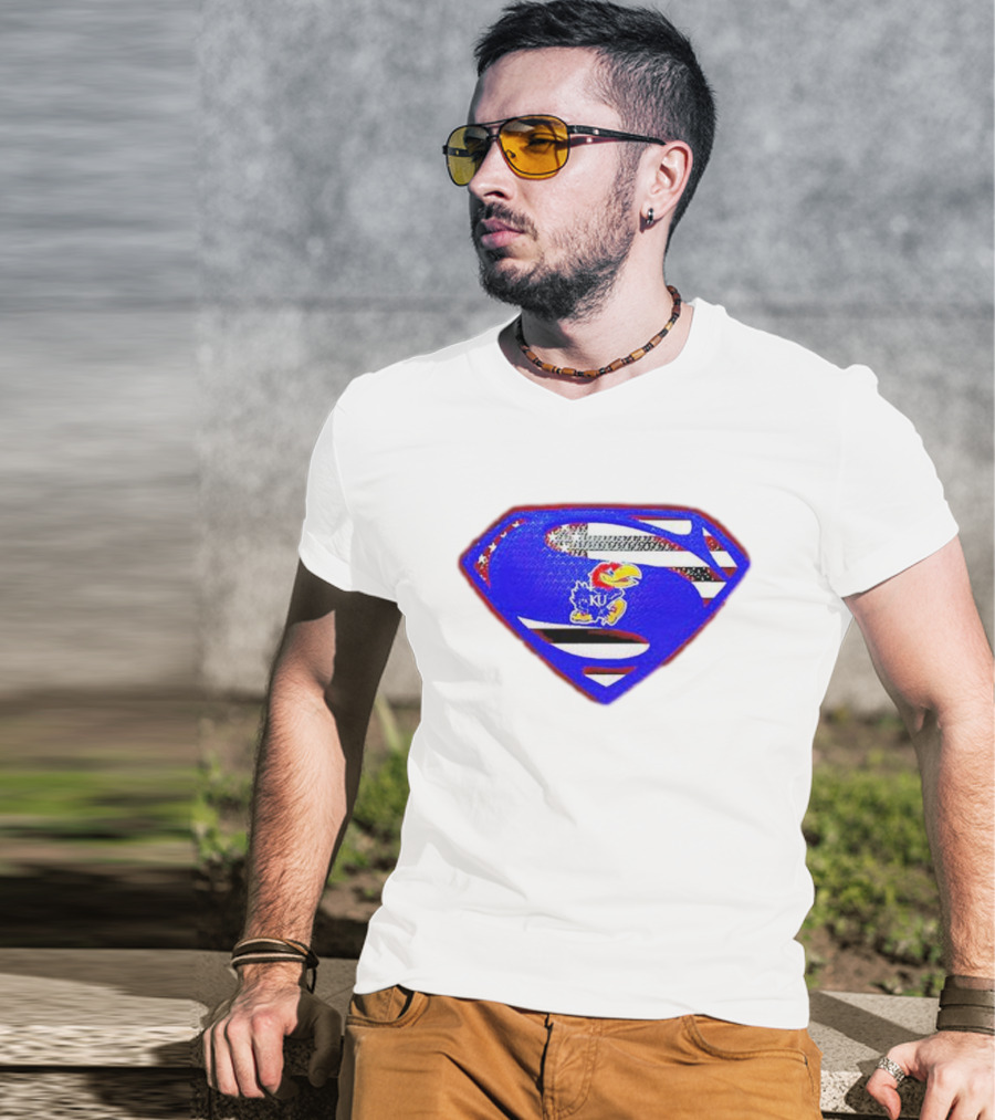 Kansas Jayhawks Superman Logo With USA Flag T-Shirt