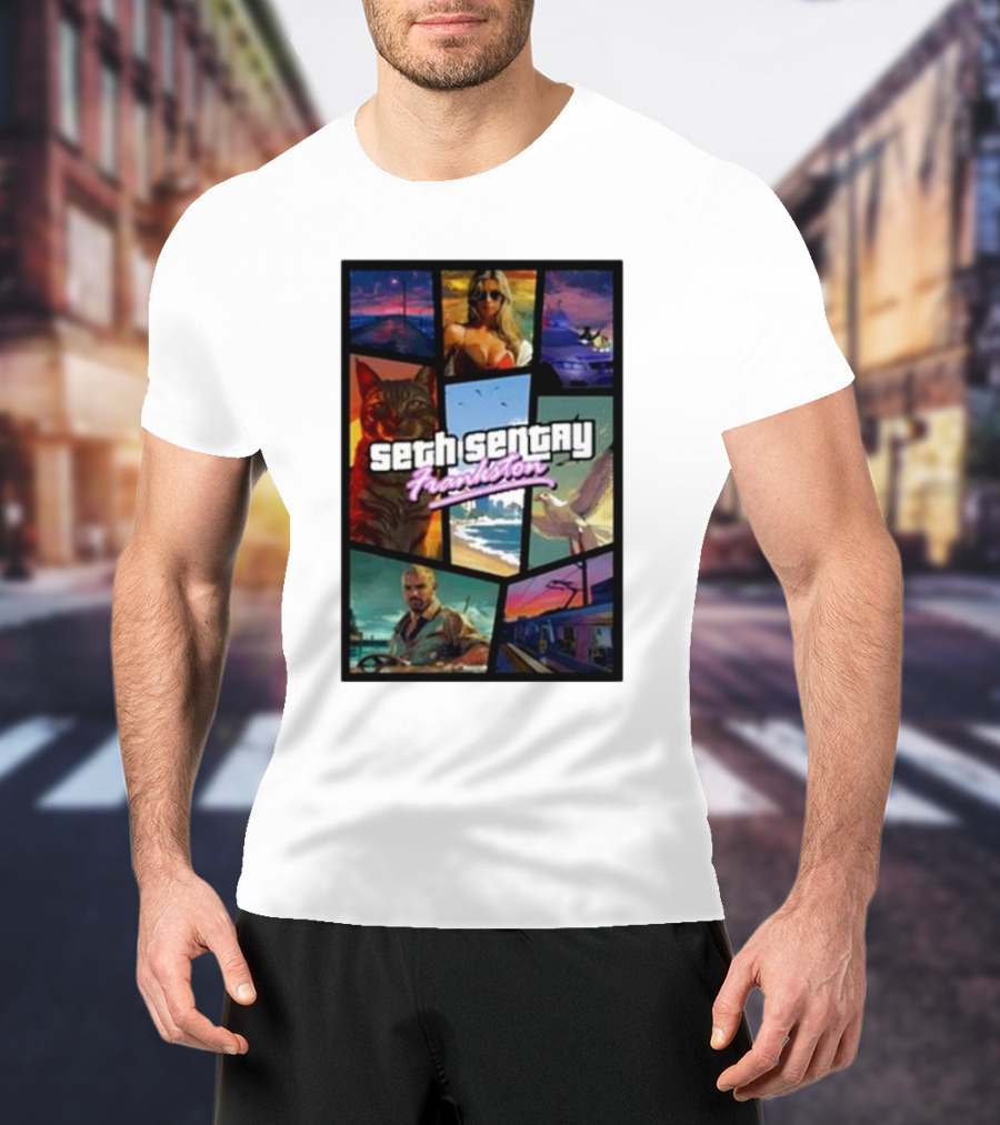 Seth Sentry Frankston GTA Style Art With Cat And City Scenes T-Shirt