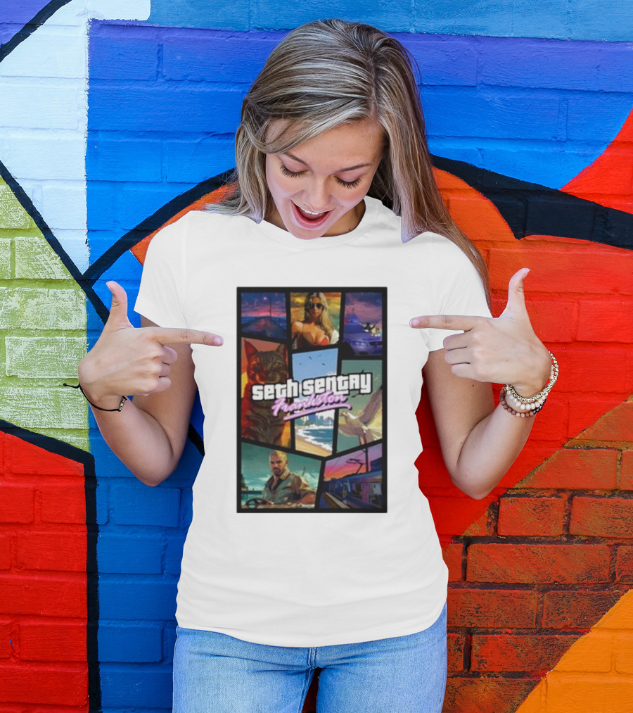 Seth Sentry Frankston GTA Style Art With Cat And City Scenes T-Shirt