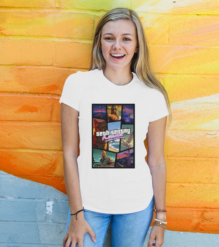 Seth Sentry Frankston GTA Style Art With Cat And City Scenes T-Shirt