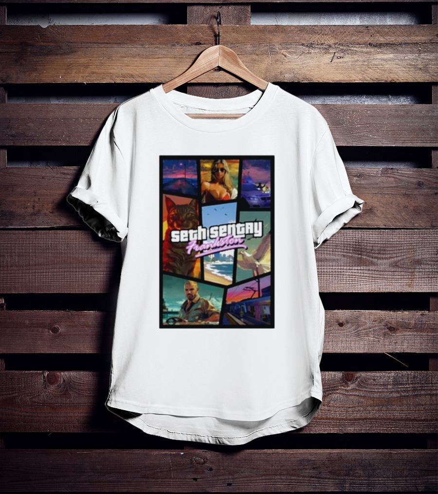 Seth Sentry Frankston GTA Style Art With Cat And City Scenes T-Shirt