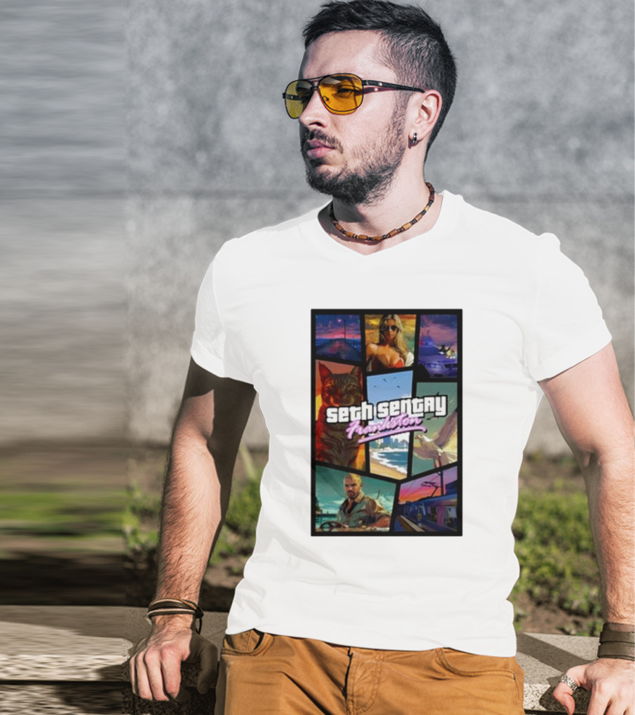 Seth Sentry Frankston GTA Style Art With Cat And City Scenes T-Shirt