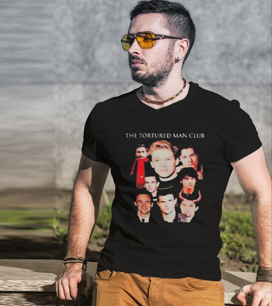 The Tortured Man Club: Collage Of Faces With Red Scarf And Horns T-Shirt