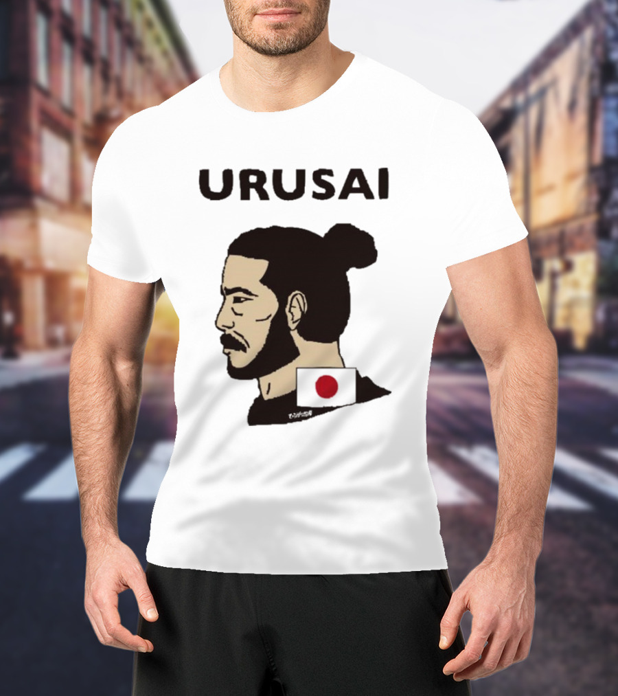 URUSAI Hiragana Ninja Japan Samurai Man Bun Profile With Flag T-Shirt