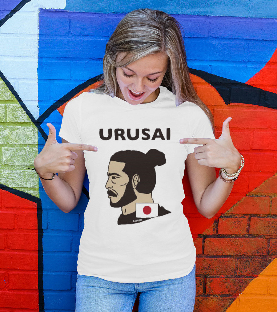 URUSAI Hiragana Ninja Japan Samurai Man Bun Profile With Flag T-Shirt