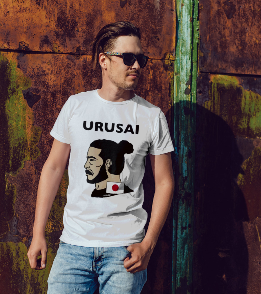 URUSAI Hiragana Ninja Japan Samurai Man Bun Profile With Flag T-Shirt