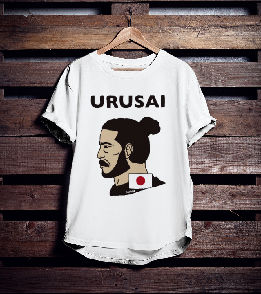 URUSAI Hiragana Ninja Japan Samurai Man Bun Profile With Flag T-Shirt