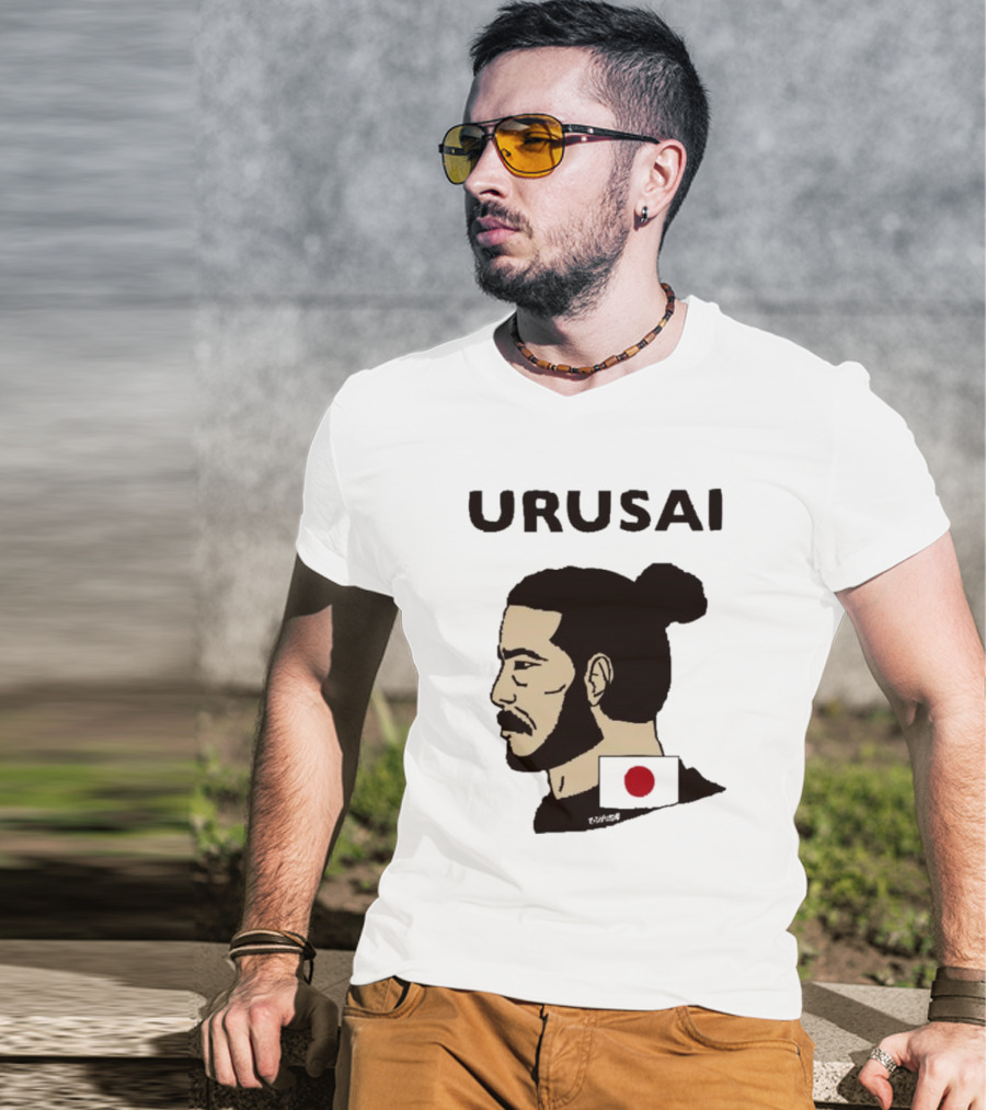URUSAI Hiragana Ninja Japan Samurai Man Bun Profile With Flag T-Shirt