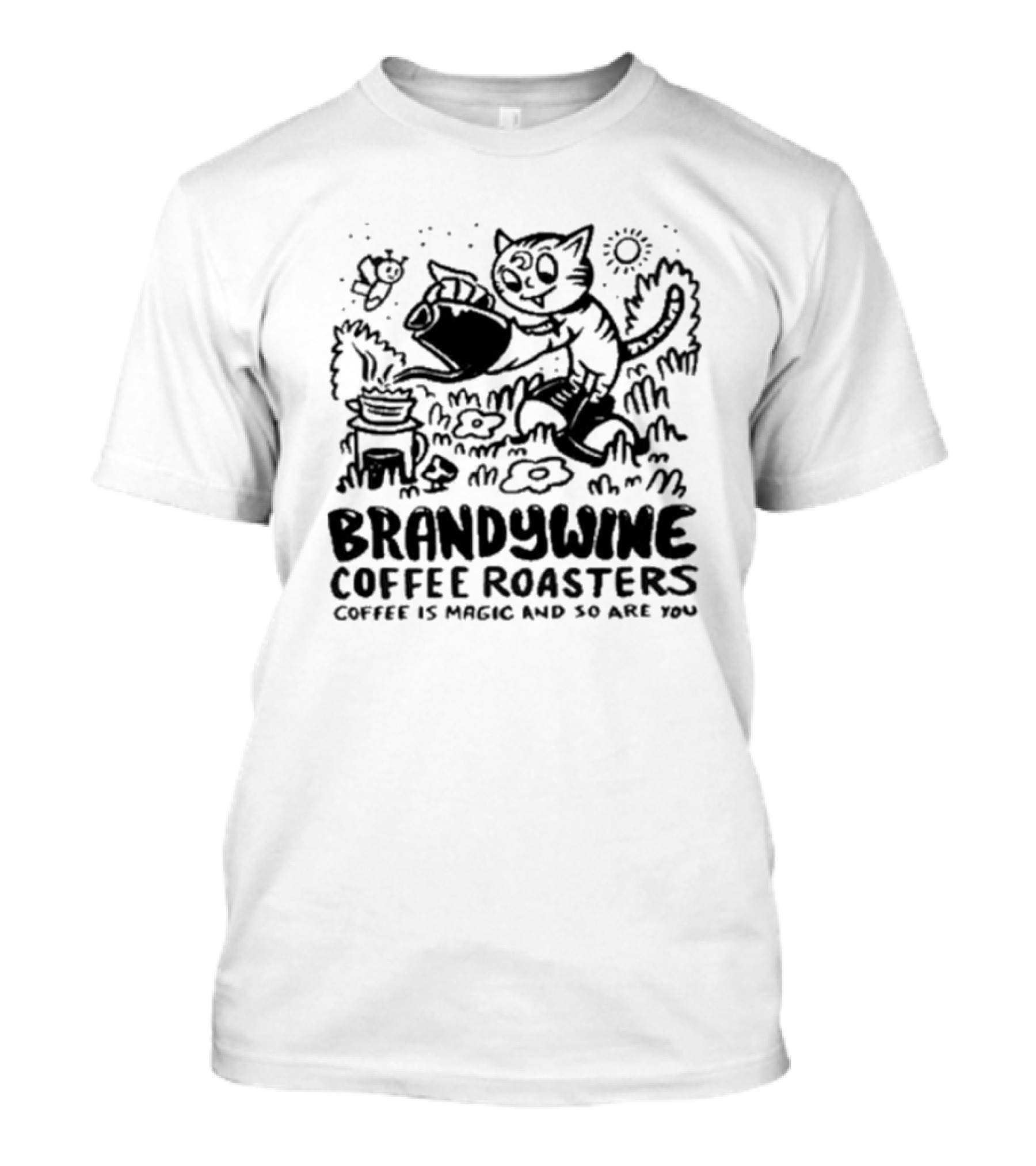 Brandywine Coffee Roasters Coffee Is Magic And So Are You Cat Pouring Coffee Outdoor Scene T-Shirt