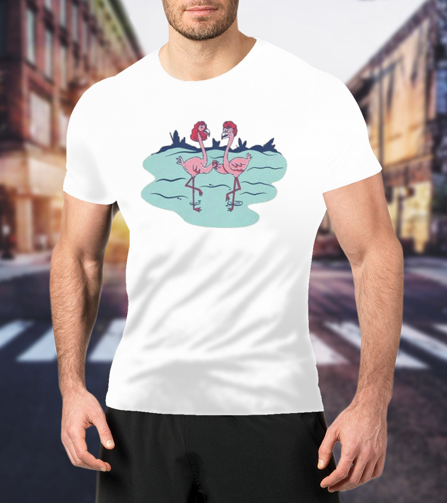 Flamingo Amigos In Blue Water Scene T-Shirt