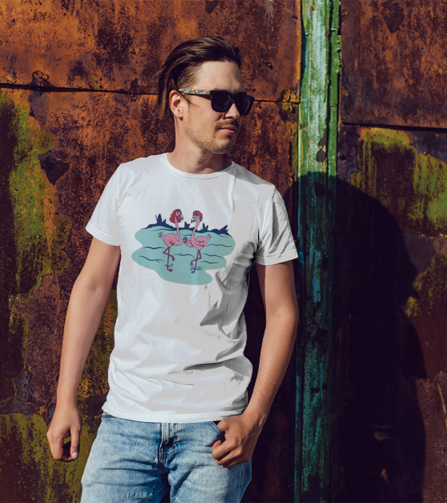 Flamingo Amigos In Blue Water Scene T-Shirt