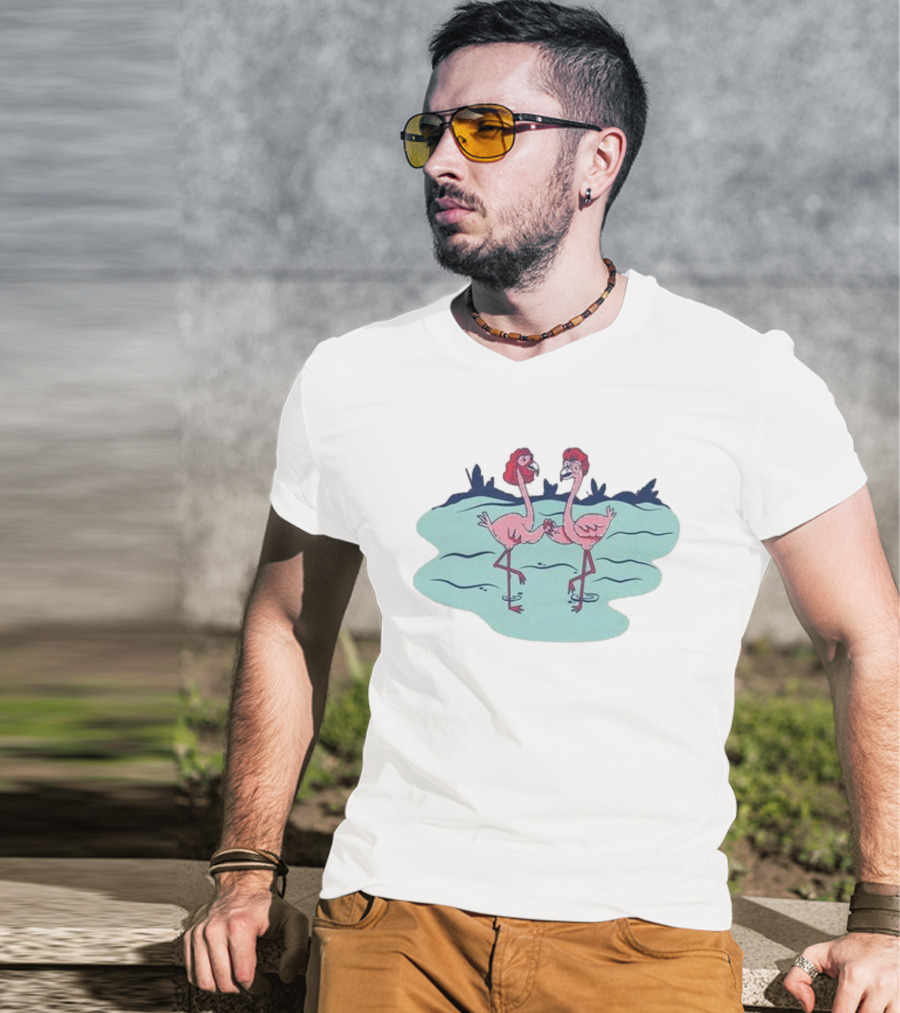 Flamingo Amigos In Blue Water Scene T-Shirt
