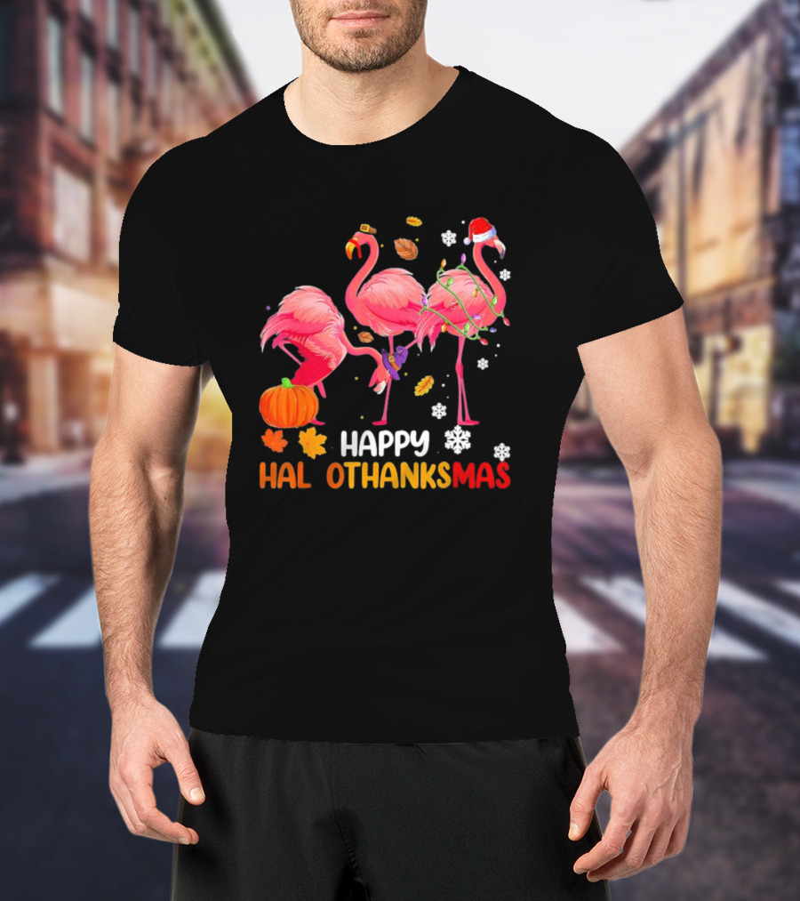 Happy Hallothanksmas Flamingo Halloween Thanksgiving Pumpkin Leaves Snowflakes T-Shirt
