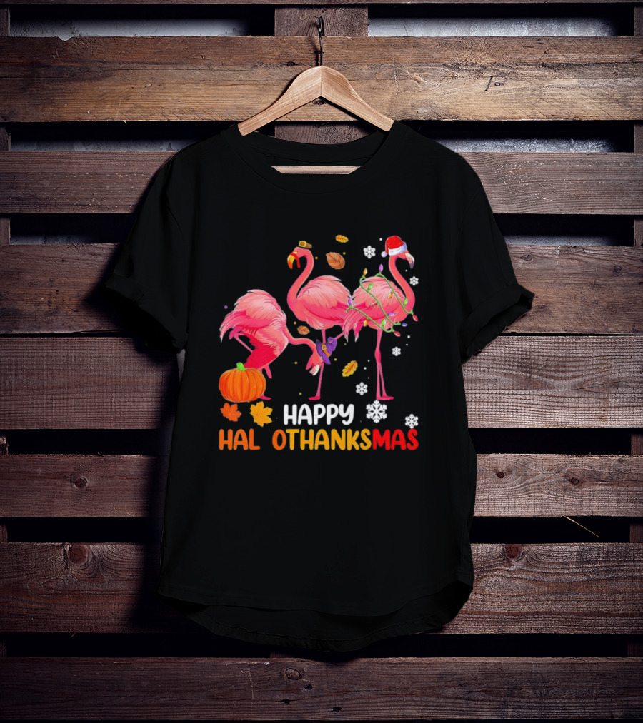 Happy Hallothanksmas Flamingo Halloween Thanksgiving Pumpkin Leaves Snowflakes T-Shirt
