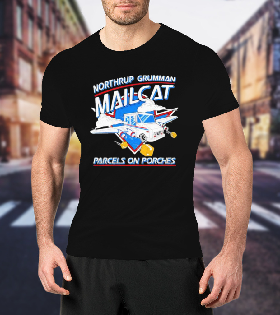 Northrup Grumman Mailcat Parcels On Porches Delivery Truck Clouds T-Shirt