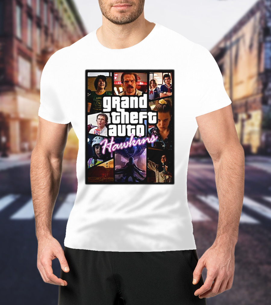 Stranger Things 3 Grand Theft Auto Hawkins Vintage Style Collage T-Shirt