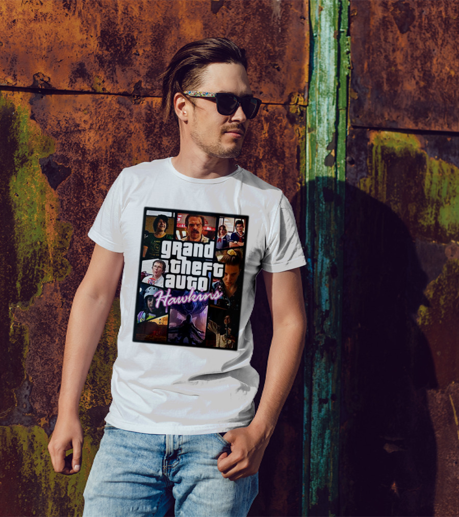 Stranger Things 3 Grand Theft Auto Hawkins Vintage Style Collage T-Shirt