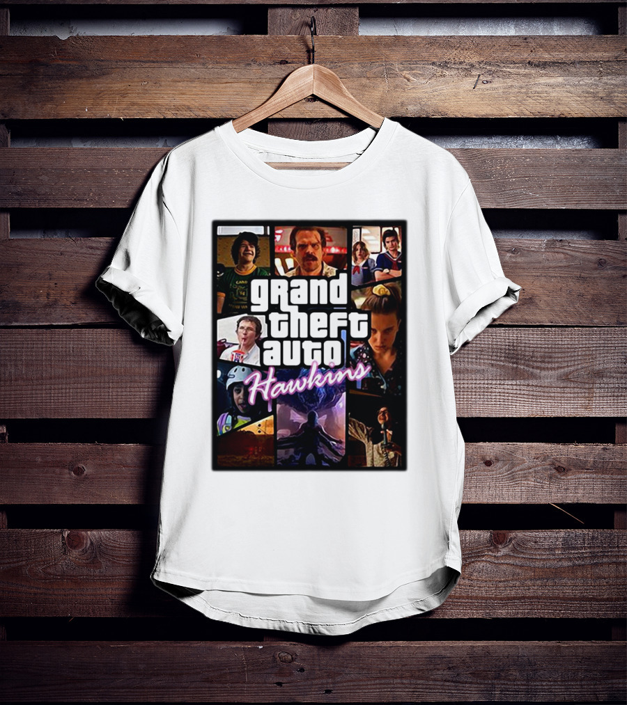 Stranger Things 3 Grand Theft Auto Hawkins Vintage Style Collage T-Shirt