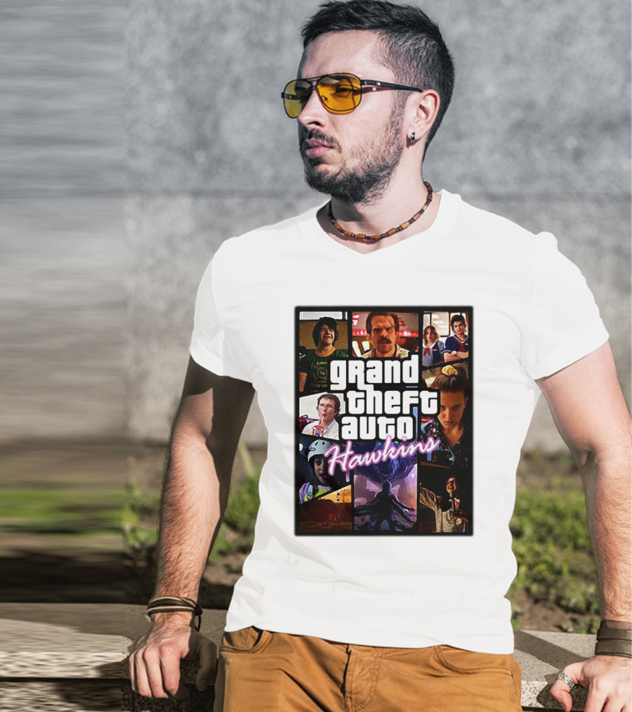 Stranger Things 3 Grand Theft Auto Hawkins Vintage Style Collage T-Shirt
